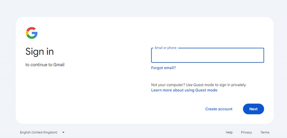 Screenshot of the Google Gmail account sign-in page