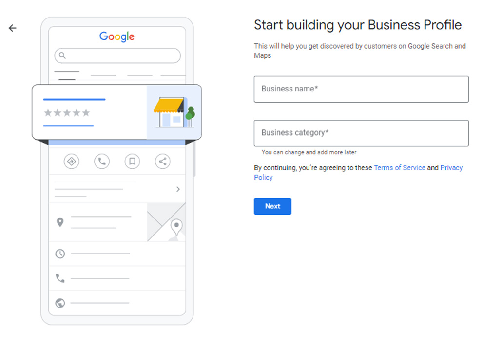 Google My Business page for entering business name and selecting categories